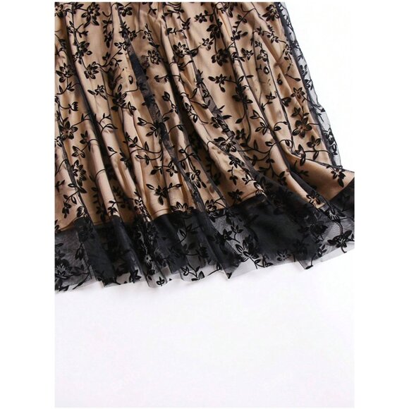 Floral Flocking Tulle Long A-Line Skirt - Picture 7 of 12